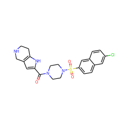 O=C(c1cc2c([nH]1)CCNC2)N1CCN(S(=O)(=O)c2ccc3cc(Cl)ccc3c2)CC1 ZINC000013584063