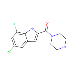 O=C(c1cc2cc(Cl)cc(F)c2[nH]1)N1CCNCC1 ZINC000084756885