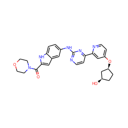 O=C(c1cc2cc(Nc3nccc(-c4cc(O[C@H]5CC[C@@H](O)C5)ccn4)n3)ccc2[nH]1)N1CCOCC1 ZINC000144294226