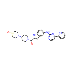 O=C(c1cc2cc(Nc3nccc(-c4ccccn4)n3)ccc2[nH]1)N1CCC(N2CC[S+]([O-])CC2)CC1 ZINC000144215033