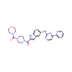 O=C(c1cc2cc(Nc3nccc(-c4ccccn4)n3)ccc2[nH]1)N1CCN(C(=O)N2CCOCC2)CC1 ZINC000144236692