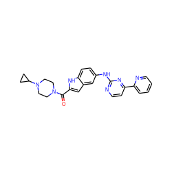 O=C(c1cc2cc(Nc3nccc(-c4ccccn4)n3)ccc2[nH]1)N1CCN(C2CC2)CC1 ZINC000144215305