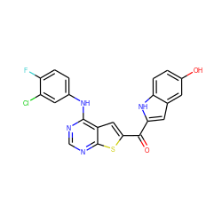 O=C(c1cc2cc(O)ccc2[nH]1)c1cc2c(Nc3ccc(F)c(Cl)c3)ncnc2s1 ZINC000073197996