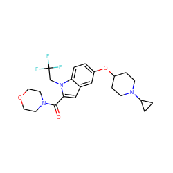 O=C(c1cc2cc(OC3CCN(C4CC4)CC3)ccc2n1CC(F)(F)F)N1CCOCC1 ZINC000040411545