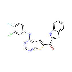 O=C(c1cc2ccccc2[nH]1)c1cc2c(Nc3ccc(F)c(Cl)c3)ncnc2s1 ZINC000082155407