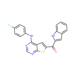 O=C(c1cc2ccccc2[nH]1)c1cc2c(Nc3ccc(F)cc3)ncnc2s1 ZINC000073197995