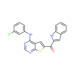 O=C(c1cc2ccccc2[nH]1)c1cc2c(Nc3cccc(Cl)c3)ncnc2s1 ZINC000073197994