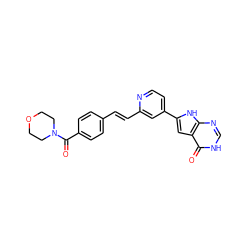 O=C(c1ccc(/C=C/c2cc(-c3cc4c(=O)[nH]cnc4[nH]3)ccn2)cc1)N1CCOCC1 ZINC000035286011