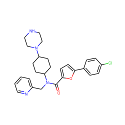 O=C(c1ccc(-c2ccc(Cl)cc2)o1)N(Cc1ccccn1)C1CCC(N2CCNCC2)CC1 ZINC000073219533