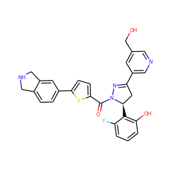 O=C(c1ccc(-c2ccc3c(c2)CNC3)s1)N1N=C(c2cncc(CO)c2)C[C@H]1c1c(O)cccc1F ZINC000071332174