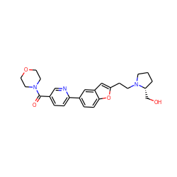 O=C(c1ccc(-c2ccc3oc(CCN4CCC[C@@H]4CO)cc3c2)nc1)N1CCOCC1 ZINC000013589396