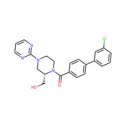 O=C(c1ccc(-c2cccc(Cl)c2)cc1)N1CCN(c2ncccn2)C[C@H]1CO ZINC000299835435