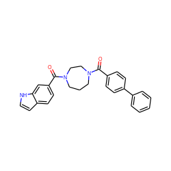 O=C(c1ccc(-c2ccccc2)cc1)N1CCCN(C(=O)c2ccc3cc[nH]c3c2)CC1 ZINC000049037294