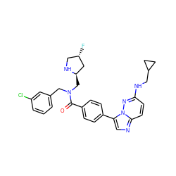 O=C(c1ccc(-c2cnc3ccc(NCC4CC4)nn23)cc1)N(Cc1cccc(Cl)c1)C[C@@H]1C[C@@H](F)CN1 ZINC000066079775