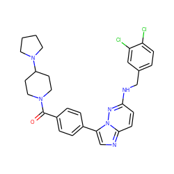 O=C(c1ccc(-c2cnc3ccc(NCc4ccc(Cl)c(Cl)c4)nn23)cc1)N1CCC(N2CCCC2)CC1 ZINC000058591796