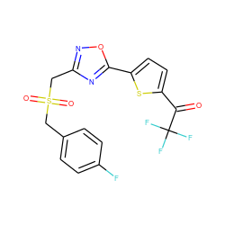 O=C(c1ccc(-c2nc(CS(=O)(=O)Cc3ccc(F)cc3)no2)s1)C(F)(F)F ZINC000040395524