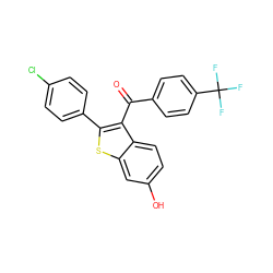 O=C(c1ccc(C(F)(F)F)cc1)c1c(-c2ccc(Cl)cc2)sc2cc(O)ccc12 ZINC000653802023