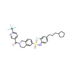 O=C(c1ccc(C(F)(F)F)nc1)N1CCc2cc(S(=O)(=O)Nc3ccc(CCCC4CCCC4)cc3F)ccc2C1 ZINC000220168378