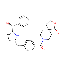 O=C(c1ccc(C[C@@H]2CC[C@H]([C@H](O)c3ccccc3)N2)cc1)N1CCC2(CCOC2=O)CC1 ZINC000168962885