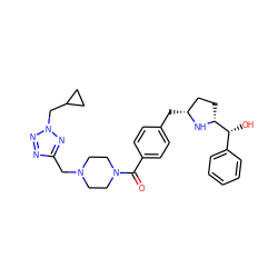 O=C(c1ccc(C[C@@H]2CC[C@H]([C@H](O)c3ccccc3)N2)cc1)N1CCN(Cc2nnn(CC3CC3)n2)CC1 ZINC001772571945