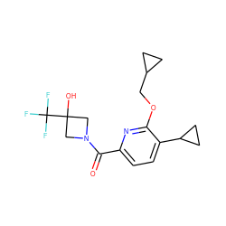 O=C(c1ccc(C2CC2)c(OCC2CC2)n1)N1CC(O)(C(F)(F)F)C1 ZINC000146205228