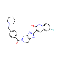 O=C(c1ccc(CN2CCCCC2)cc1)N1CCc2[nH]c(-c3cc4cc(F)ccc4[nH]c3=O)nc2C1 ZINC000084620141