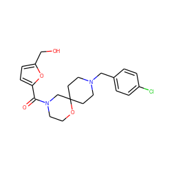 O=C(c1ccc(CO)o1)N1CCOC2(CCN(Cc3ccc(Cl)cc3)CC2)C1 ZINC000064559885