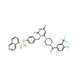 O=C(c1ccc(Cl)c(C(F)(F)F)c1)N1CCN(c2cc(=O)[nH]c(=O)n2Cc2ccc(OS(=O)(=O)c3cccc4cnccc34)cc2)CC1 ZINC000205367938