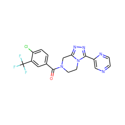 O=C(c1ccc(Cl)c(C(F)(F)F)c1)N1CCn2c(nnc2-c2cnccn2)C1 ZINC000095565735