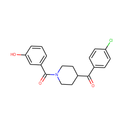 O=C(c1ccc(Cl)cc1)C1CCN(C(=O)c2cccc(O)c2)CC1 ZINC000182163274