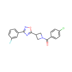 O=C(c1ccc(Cl)cc1)N1CC(c2nc(-c3cccc(F)c3)no2)C1 ZINC000095577238