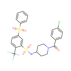 O=C(c1ccc(Cl)cc1)N1CCC(NS(=O)(=O)c2cc(S(=O)(=O)c3ccccc3)ccc2C(F)(F)F)CC1 ZINC000049746309