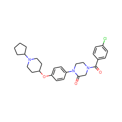 O=C(c1ccc(Cl)cc1)N1CCN(c2ccc(OC3CCN(C4CCCC4)CC3)cc2)C(=O)C1 ZINC000028870385