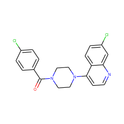 O=C(c1ccc(Cl)cc1)N1CCN(c2ccnc3cc(Cl)ccc23)CC1 ZINC000004740918