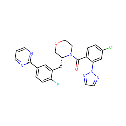 O=C(c1ccc(Cl)cc1-n1nccn1)N1CCOC[C@H]1Cc1cc(-c2ncccn2)ccc1F ZINC000222126644