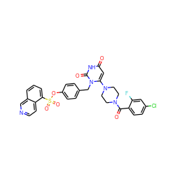 O=C(c1ccc(Cl)cc1F)N1CCN(c2cc(=O)[nH]c(=O)n2Cc2ccc(OS(=O)(=O)c3cccc4cnccc34)cc2)CC1 ZINC000205367918