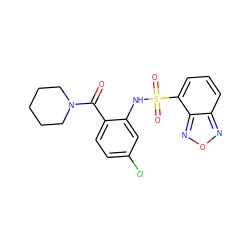 O=C(c1ccc(Cl)cc1NS(=O)(=O)c1cccc2nonc12)N1CCCCC1 ZINC000035064908