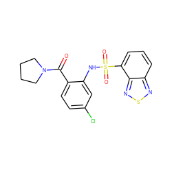 O=C(c1ccc(Cl)cc1NS(=O)(=O)c1cccc2nsnc12)N1CCCC1 ZINC000040764398