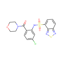 O=C(c1ccc(Cl)cc1NS(=O)(=O)c1cccc2nsnc12)N1CCOCC1 ZINC000038309681