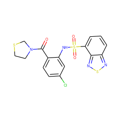 O=C(c1ccc(Cl)cc1NS(=O)(=O)c1cccc2nsnc12)N1CCSC1 ZINC000040568559