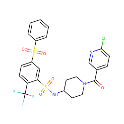 O=C(c1ccc(Cl)nc1)N1CCC(NS(=O)(=O)c2cc(S(=O)(=O)c3ccccc3)ccc2C(F)(F)F)CC1 ZINC000049767067