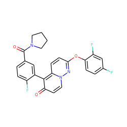 O=C(c1ccc(F)c(-c2c(=O)ccn3nc(Oc4ccc(F)cc4F)ccc23)c1)N1CCCC1 ZINC000084732164