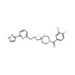 O=C(c1ccc(F)c(Cl)c1)N1CCC(F)(CNCc2cccc(-c3cc[nH]n3)n2)CC1 ZINC000053244630