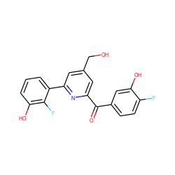 O=C(c1ccc(F)c(O)c1)c1cc(CO)cc(-c2cccc(O)c2F)n1 ZINC001772628473