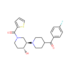 O=C(c1ccc(F)cc1)C1CCN([C@@H]2CN(C(=O)c3cccs3)CC[C@H]2O)CC1 ZINC000084742284