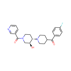 O=C(c1ccc(F)cc1)C1CCN([C@H]2CCN(C(=O)c3cccnc3)C[C@@H]2O)CC1 ZINC000072182741