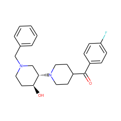 O=C(c1ccc(F)cc1)C1CCN([C@H]2CN(Cc3ccccc3)CC[C@@H]2O)CC1 ZINC000072178612