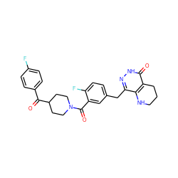 O=C(c1ccc(F)cc1)C1CCN(C(=O)c2cc(Cc3n[nH]c(=O)c4c3NCCC4)ccc2F)CC1 ZINC000140532458