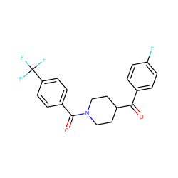 O=C(c1ccc(F)cc1)C1CCN(C(=O)c2ccc(C(F)(F)F)cc2)CC1 ZINC000049802806