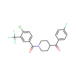 O=C(c1ccc(F)cc1)C1CCN(C(=O)c2ccc(Cl)c(C(F)(F)F)c2)CC1 ZINC000049807812